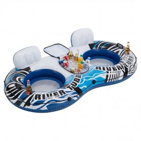 2-Person Inflatable River Floater, w/ Detachable Ice Chest, 2 Cup Holders, Supportive Backrest & Grip Ropes (Option: White blue)