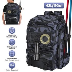 42L=11Gal Backpack Large Cap Tackle Storage Bag w/Rod Holders 16-Pocket, Water-Resistant w/ Divider, Adjustable Padded Straps (Option: Camouflage)